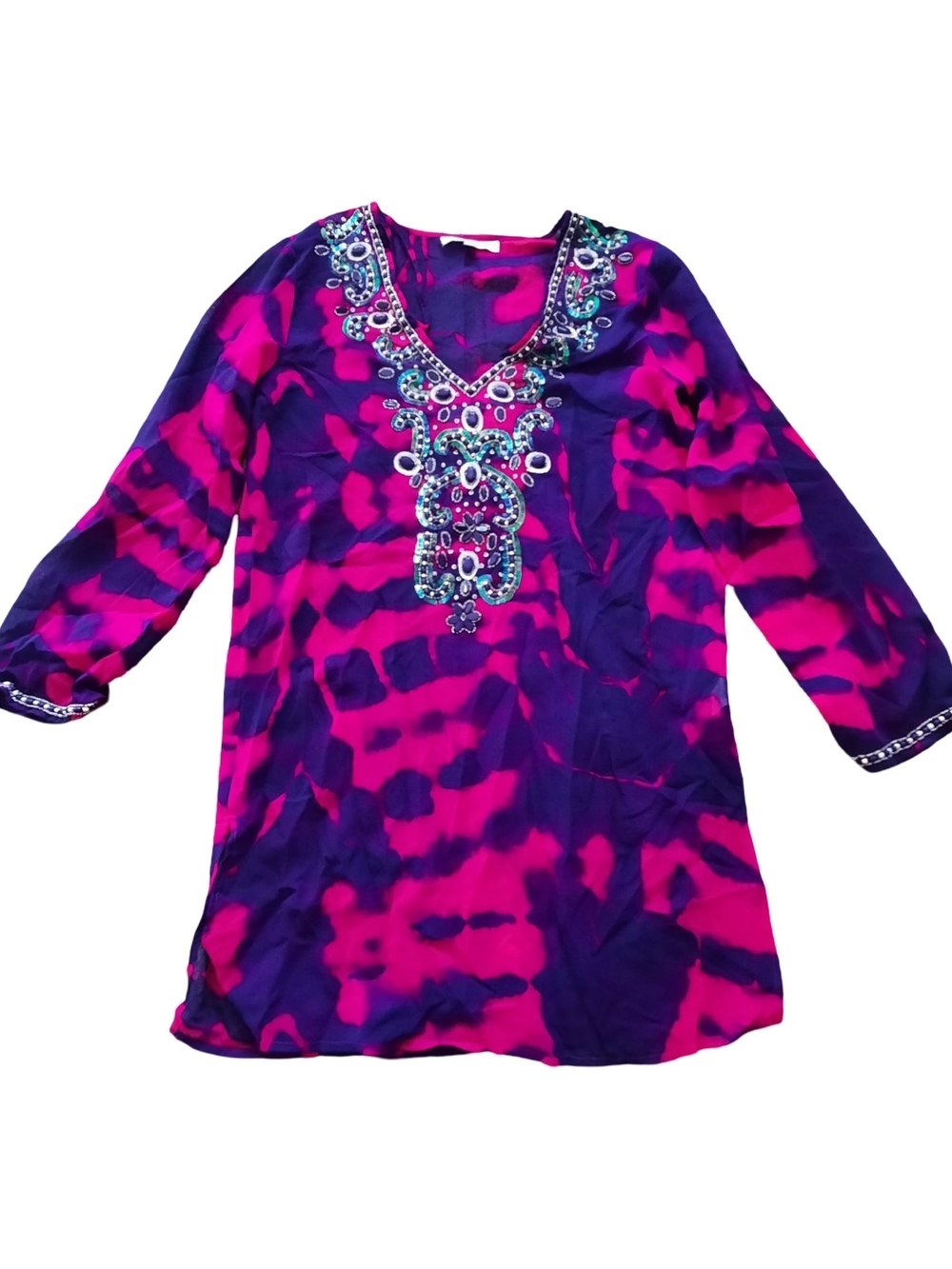 blue island Purple & Hot Pink Tie-Dye Beaded Swim Coverup
